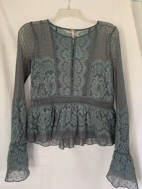 Free People smoky blue 'Penelope Peplum' lacy long sleeve top